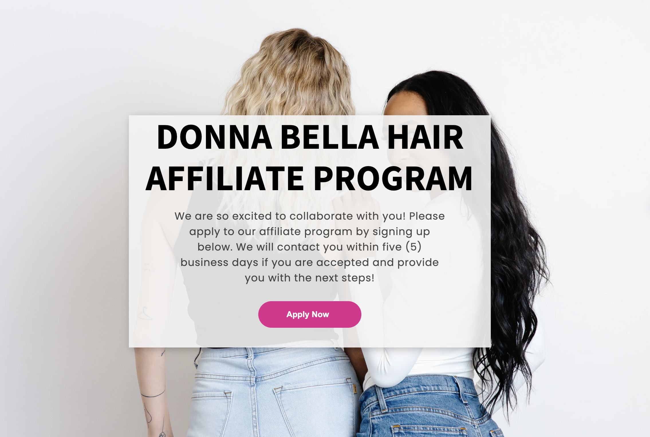 Donna Bella Hair Affiliate Program sign-up page. Applicants can plan to hear back in 5 business days. 